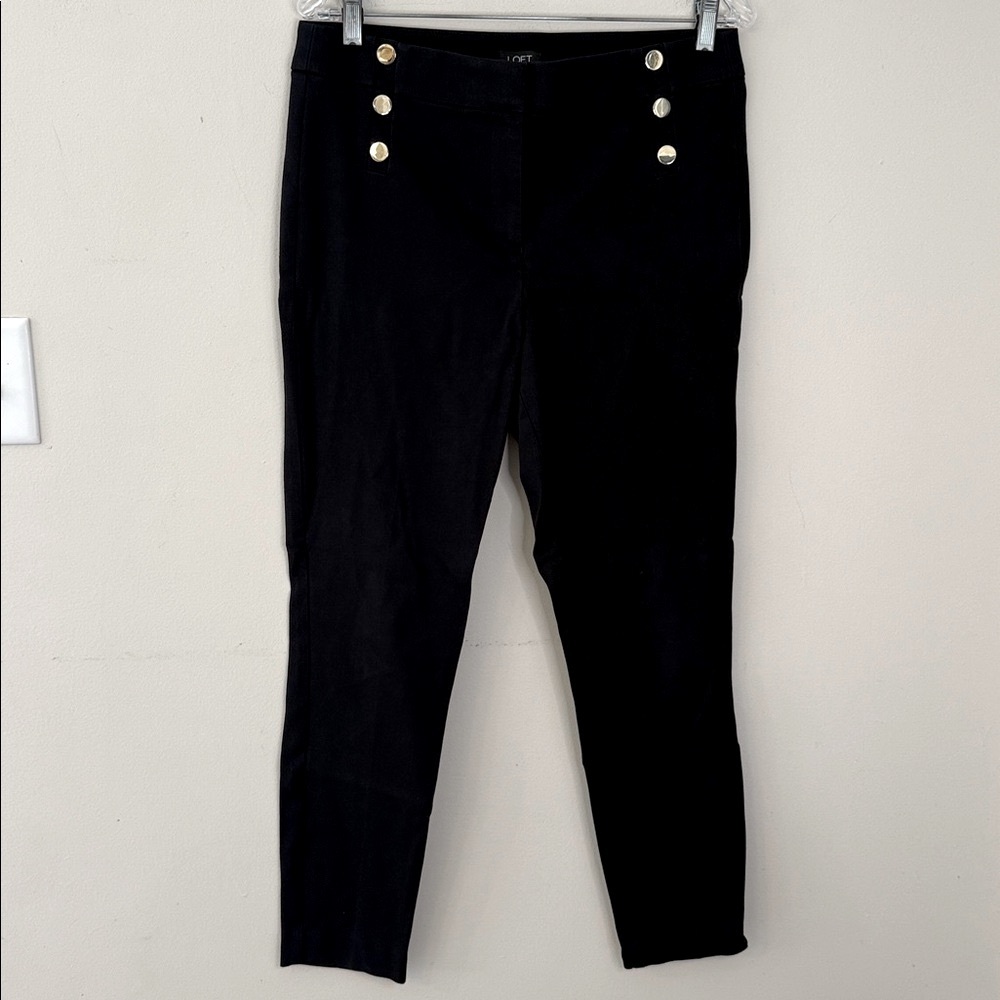 LOFT High Waist Curvy Skinny black contemporary ankle pants gold  buttons SZ 8